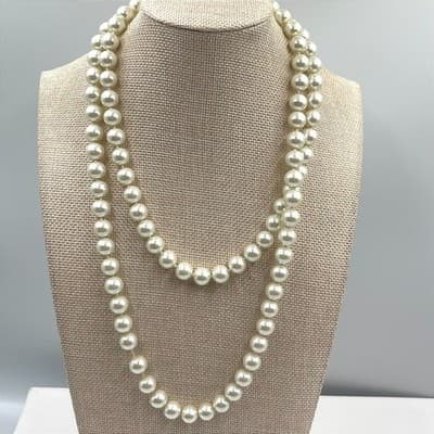 Vintage Double Strand Pearl Necklace Faux Glass White Cream Knotted Art Deco 16"
