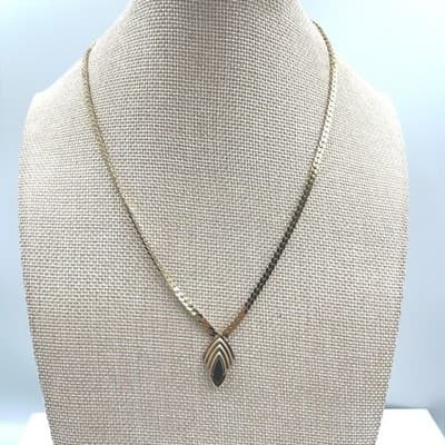 Vintage 1980s Gold Chevron Snake Chain Necklace Black Onyx Pendant Statement 18"