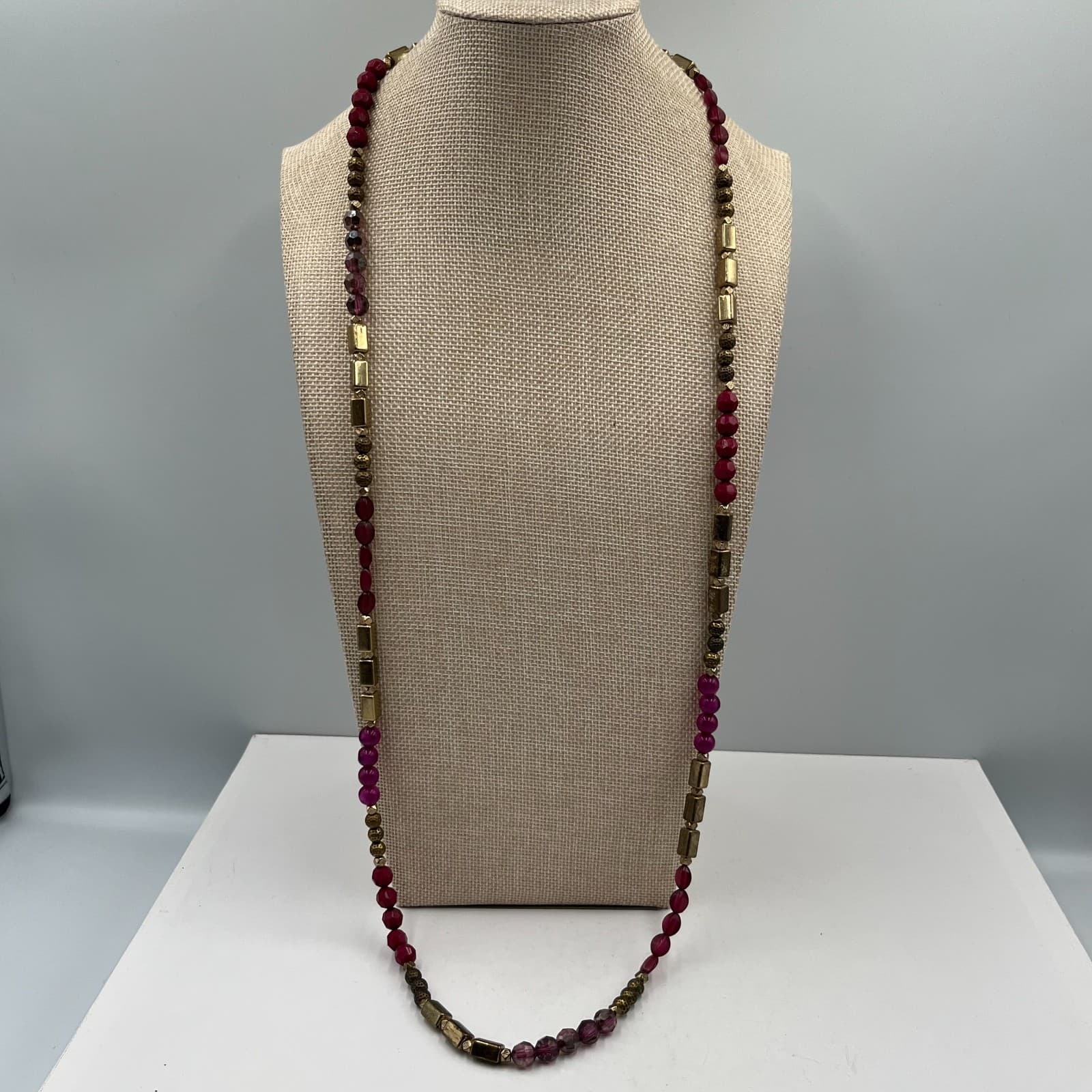 Vintage Red Bead Necklace Gold Tone Accents 24" Long Statement Costume Jewelry