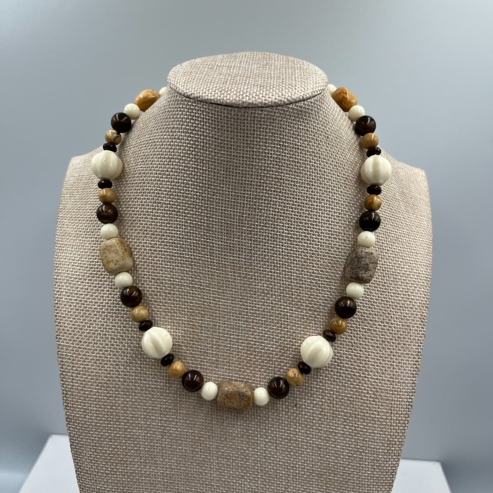 Vintage Chunky Beaded Statement Necklace Boho Earth Tone Stone Bone Tribal 24"