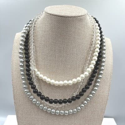 Vintage Multi Strand Faux Pearl Necklace Crystal Beads Layered Statement Choker