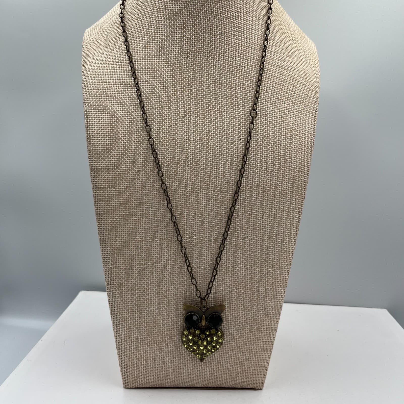 Vintage Owl Heart Pendant Necklace Amber Yellow Rhinestone Brass Tone Retro Boho