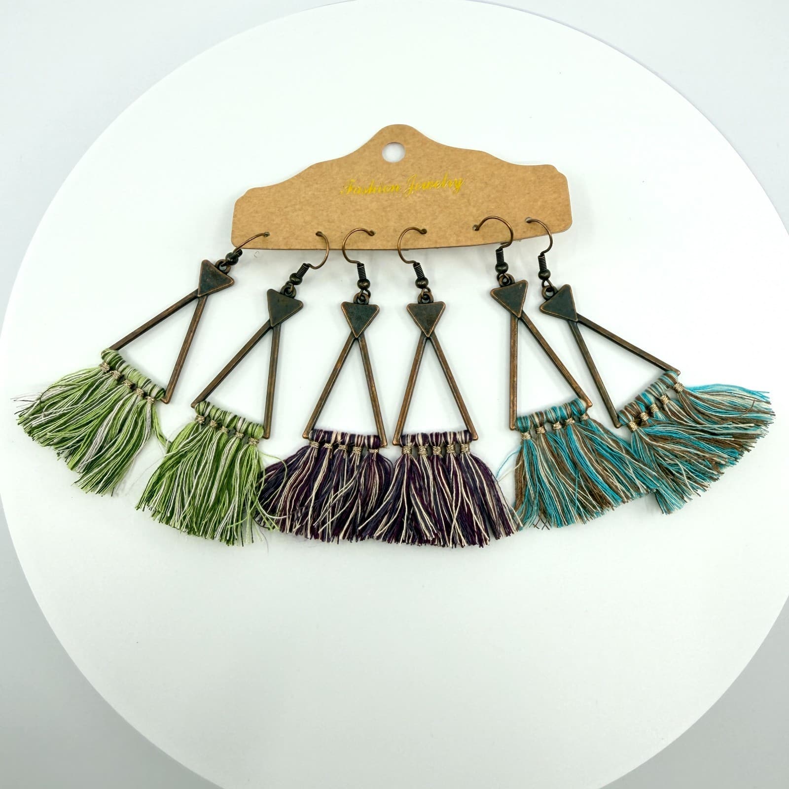3 Pair Set Bohemian Bronze Triangle Tassel Earrings Green Purple Teal Fringe 90s