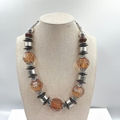 Vtg Amber & Black Beaded Necklace Large Faceted Chunky Boho Statement Jewelry