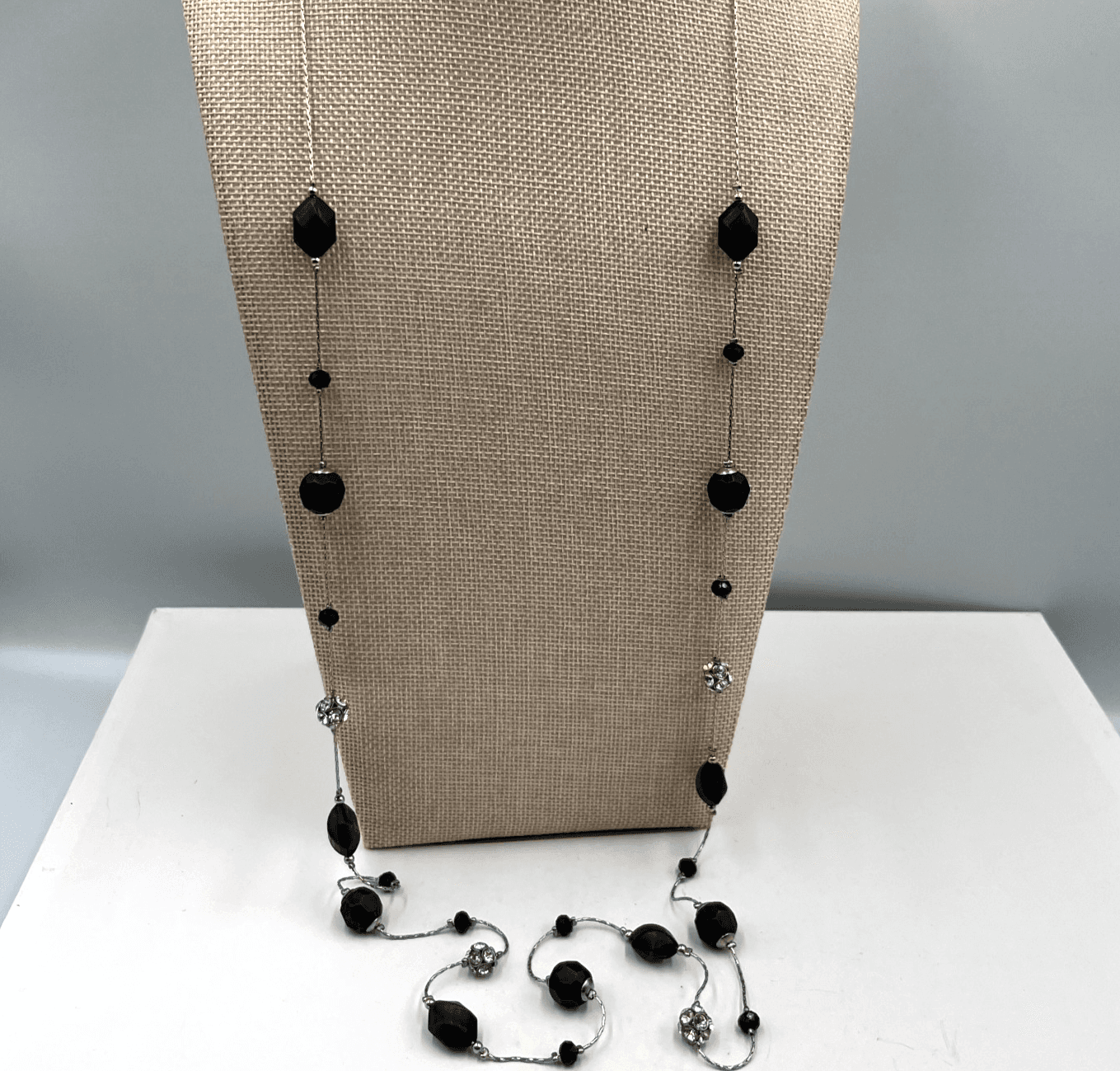 Vintage Black & Silver Faceted Bead Long Station Necklace Opera