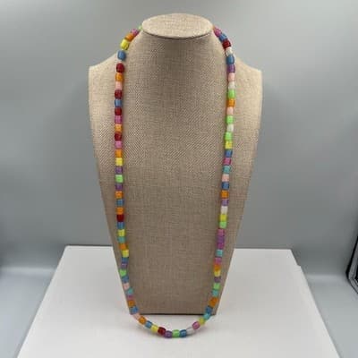 Vintage Etched Glass Bead Necklace Multi-Color Boho Tribal Barrel Beads Colorful