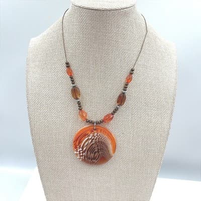 Vintage Boho Orange Swirl Art Glass Pendant Necklace Chunky Wood Amber Bead 24"