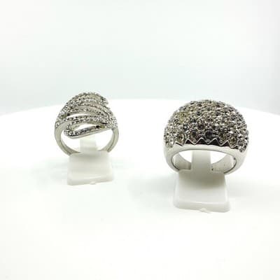 Vintage Silver Tone Pavé Rhinestone Cocktail Ring Set Dome Swirl Statement 90s