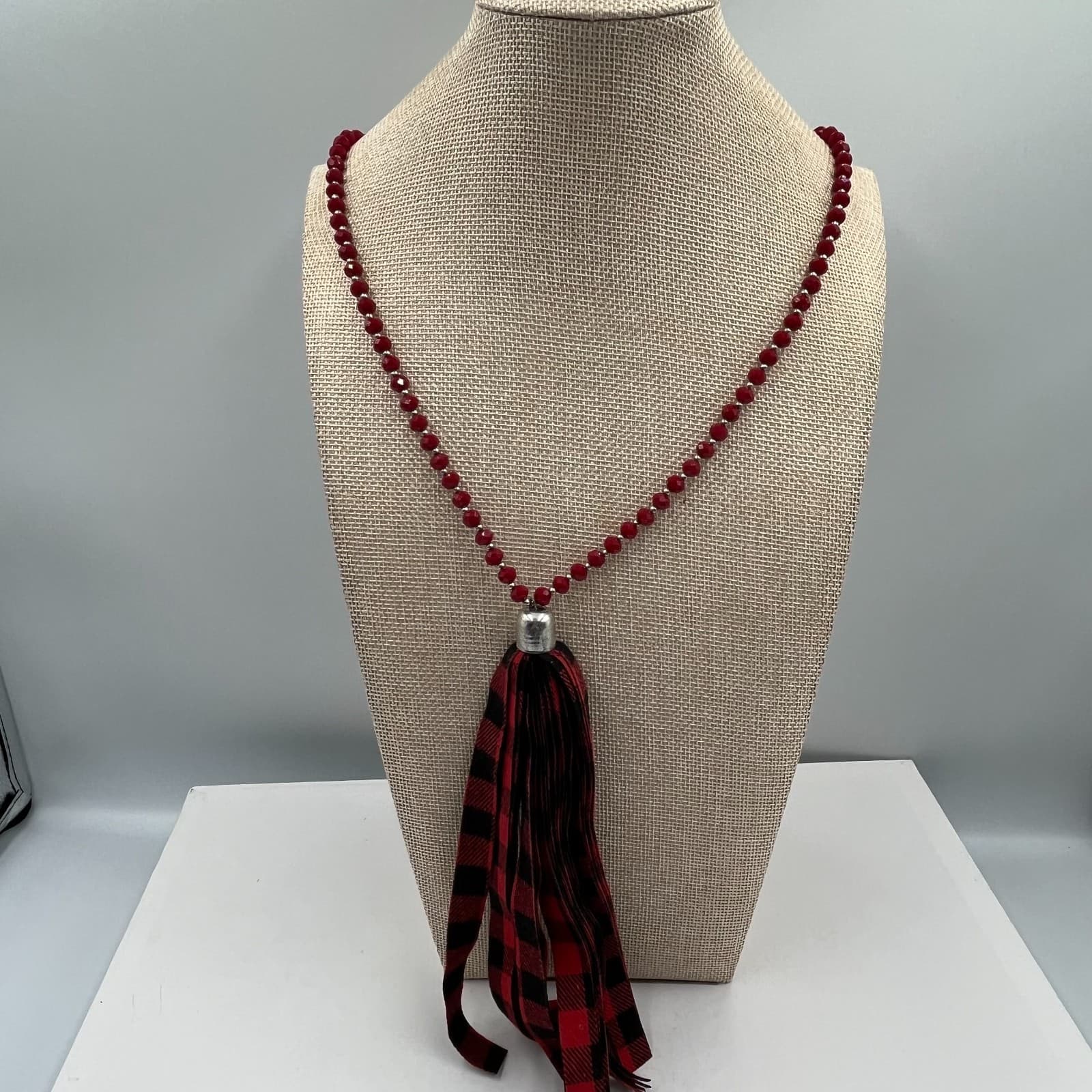 Vintage Red Beaded Statement Necklace Buffalo Plaid Tassel Pendant Boho Jewelry