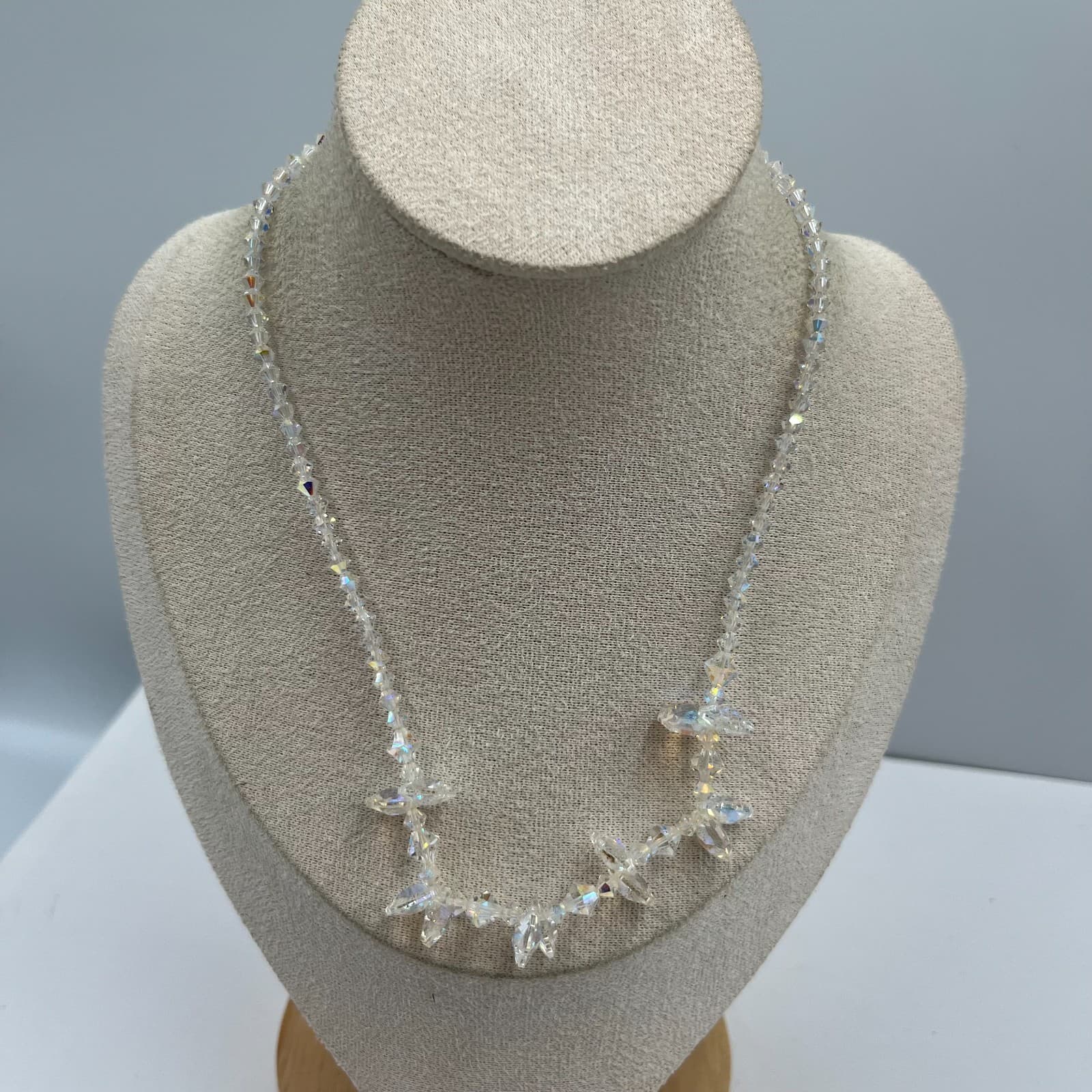 Vintage Aurora Borealis AB Crystal Necklace Iridescent Faceted Bead Choker 1950s