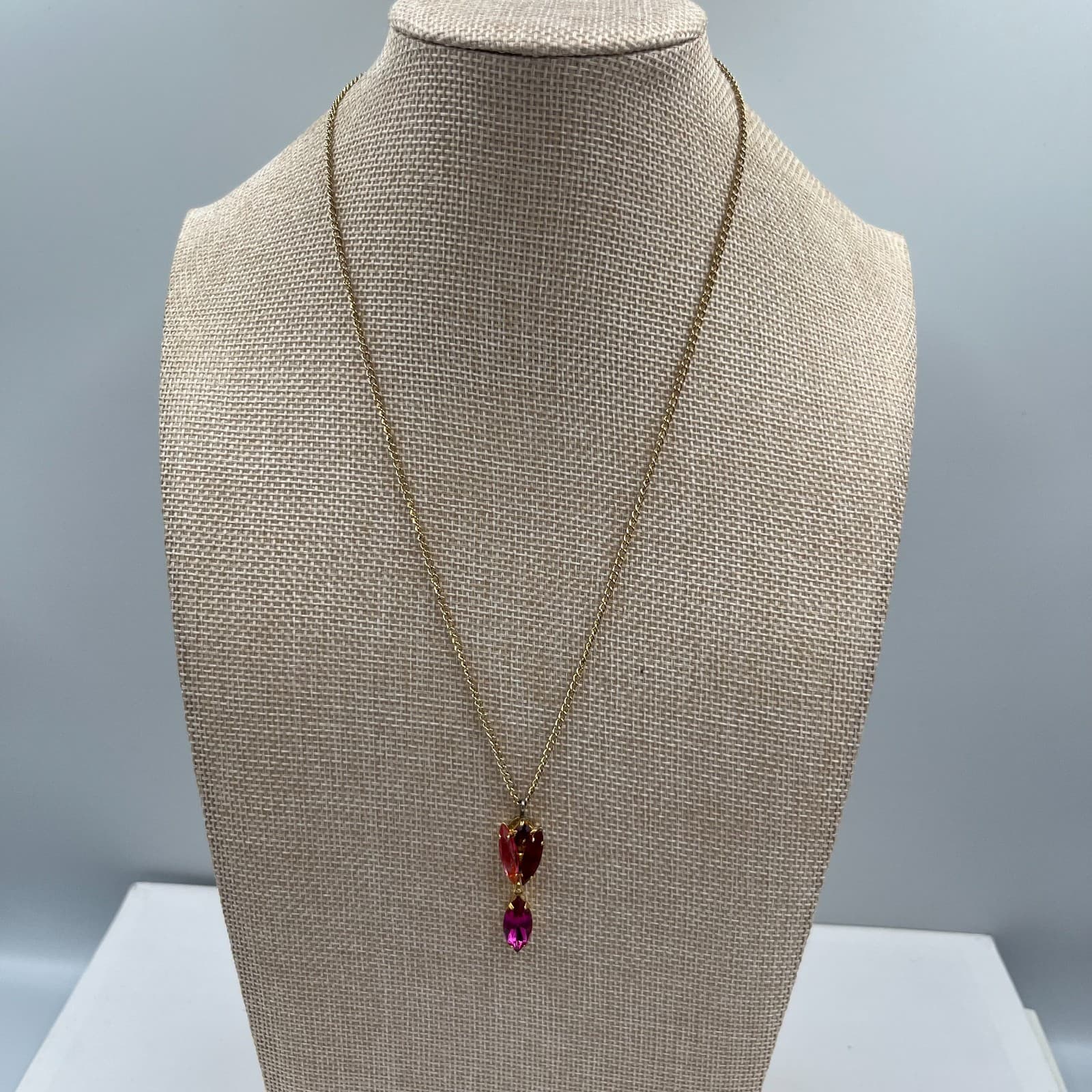 Vintage Gold Tone Marquise Rhinestone Necklace Red Pink Orange Statement Jewelry