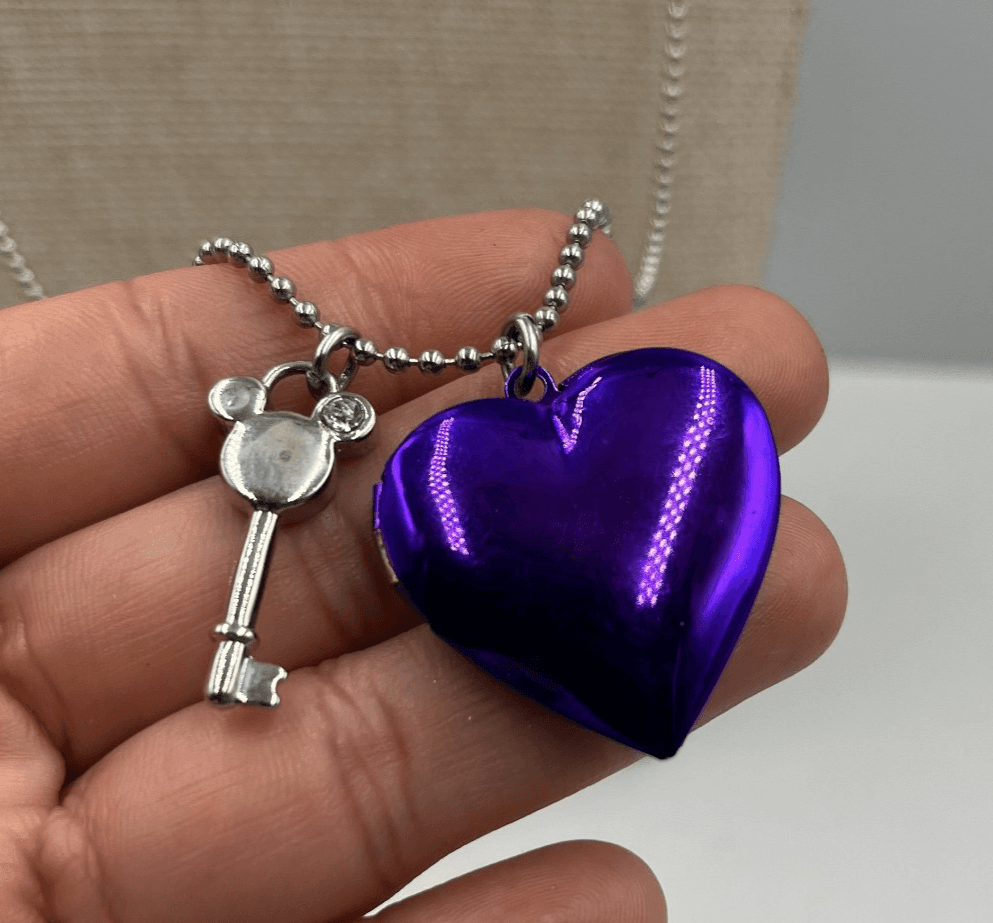 Vintage Disney Mickey Mouse Purple Heart Locket Necklace & Key Charm Gold Tone