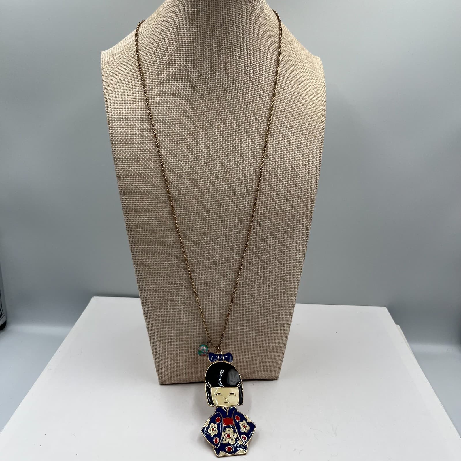 Vintage Enamel Kokeshi Doll Necklace Articulated Japanese Geisha Pendant Blue