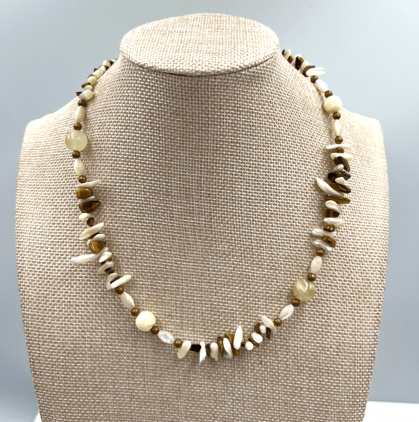 Vintage Mother of Pearl Tiger’s Eye Necklace Shell Chip Beaded Boho 1970s Beach