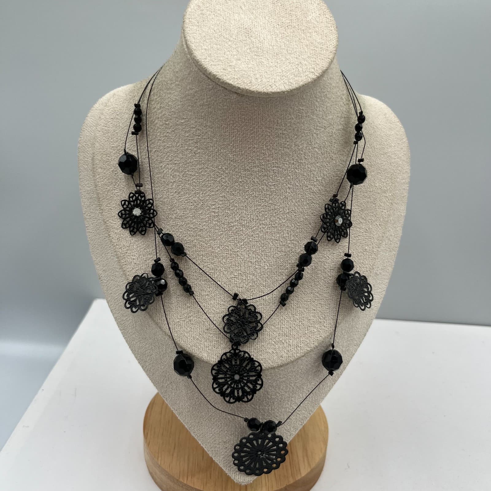 Vintage Black Triple Strand Beaded Necklace Silver Tone Floral Filigree Statemen