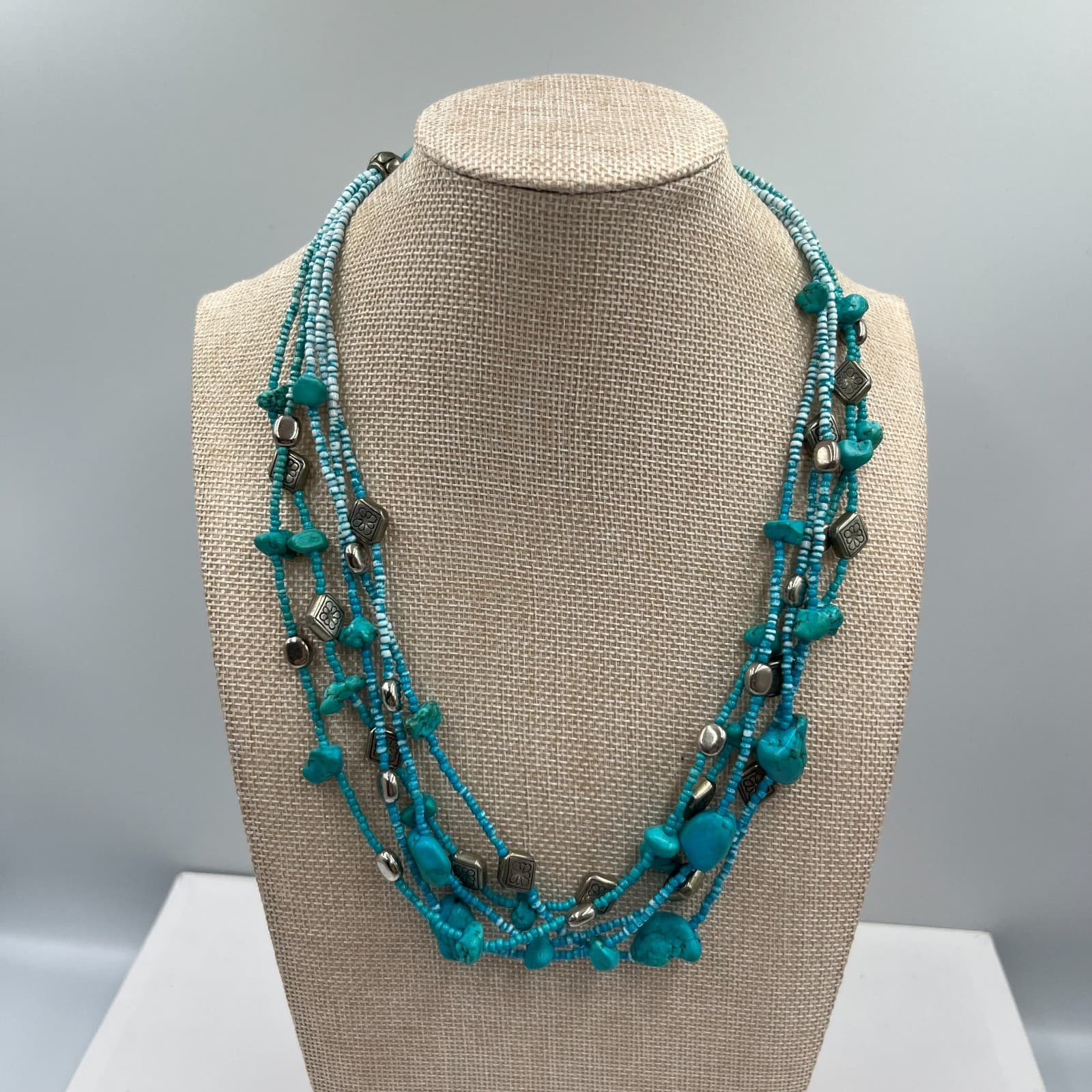 Vintage Turquoise Nugget Multi Strand Necklace Silver Tone Flower Beads Boho