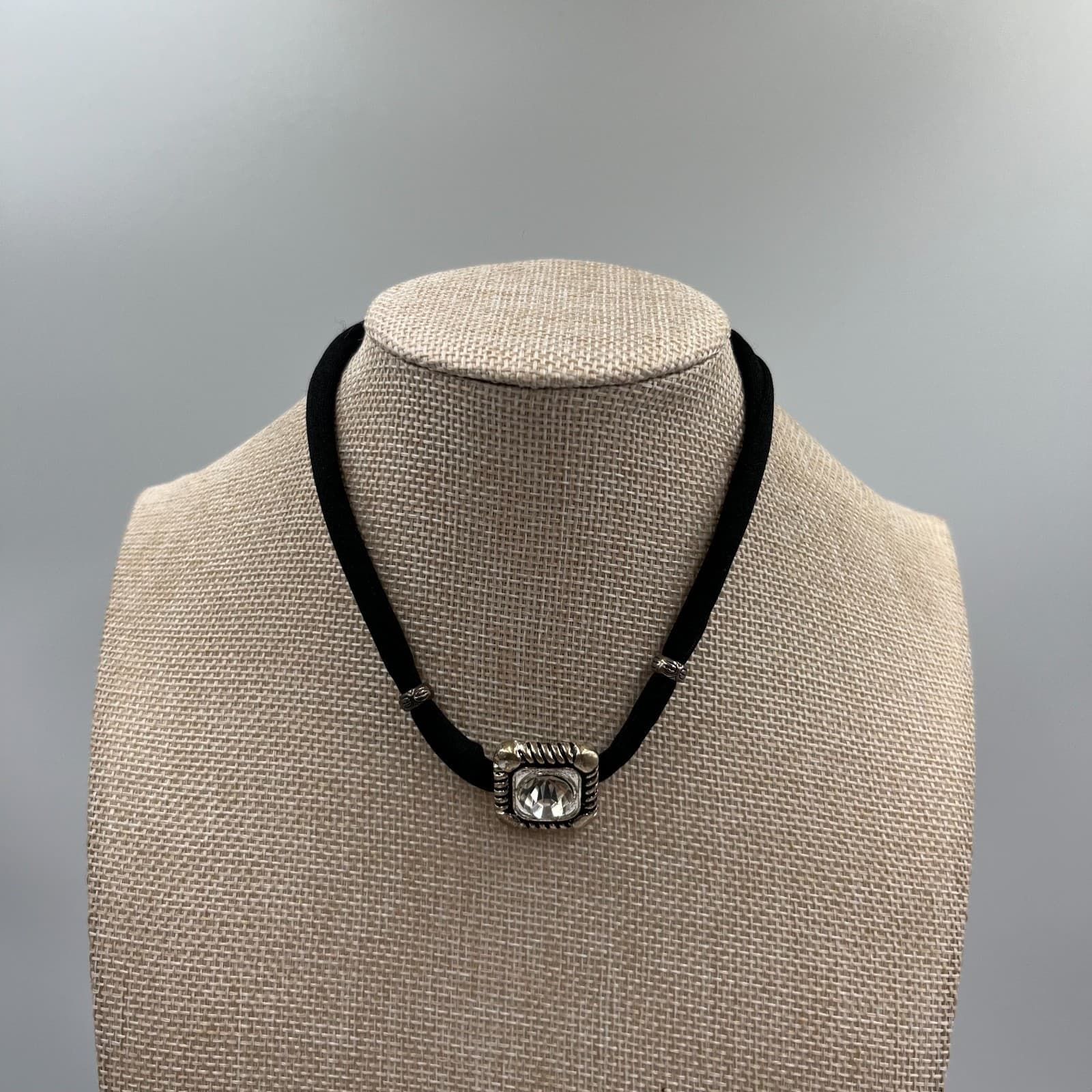 Vintage Black Cord Choker Necklace Square Clear Rhinestone Crystal Slide Charm