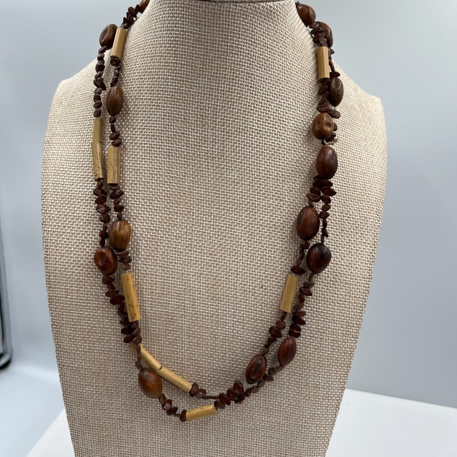 Vtg Job's Tears Natural Seed Beaded Necklace Wood Accents Bohemian Ethnic Tribal