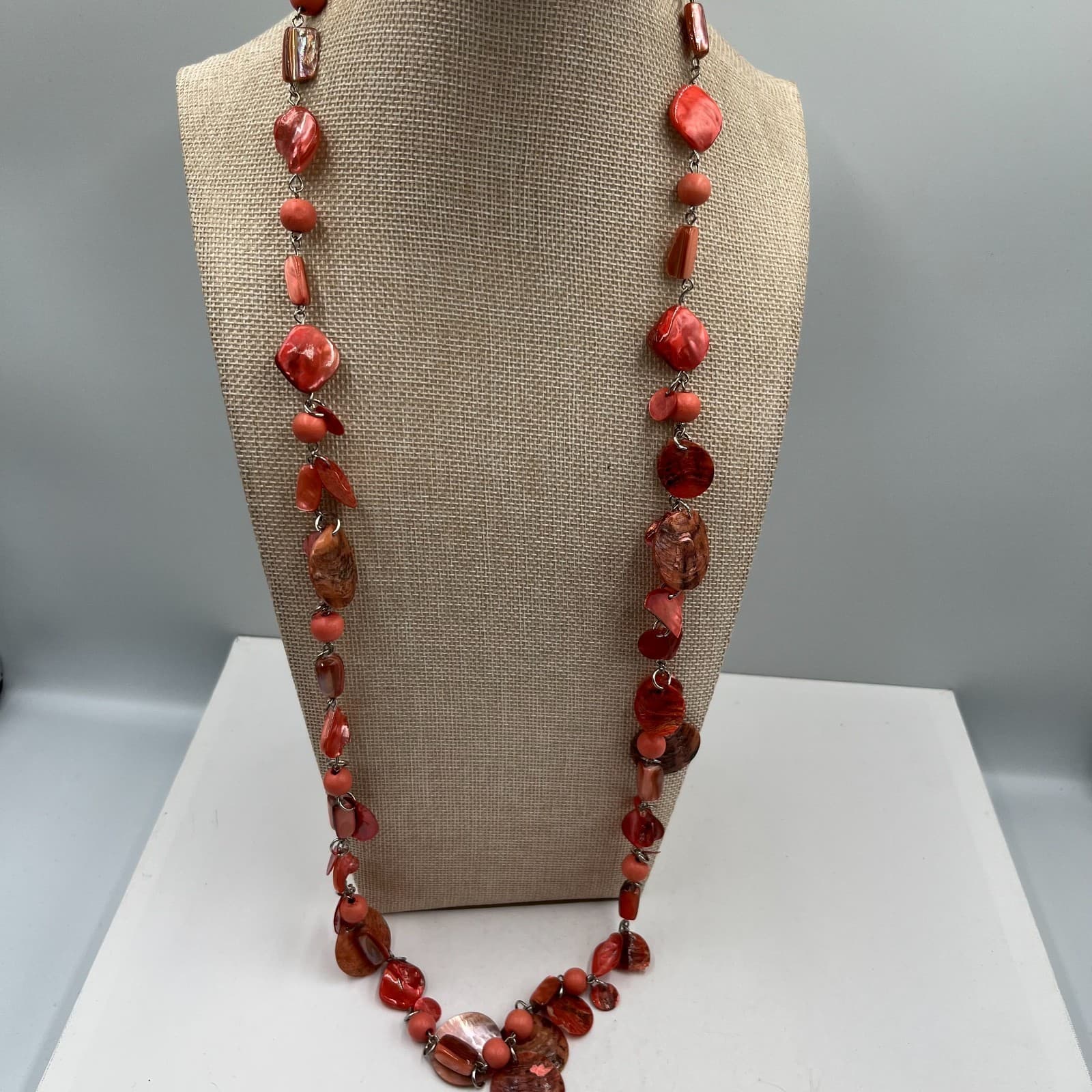 Vtg Red Shell Bead Necklace Long Strand Boho Coastal Beachy Statement Jewelry