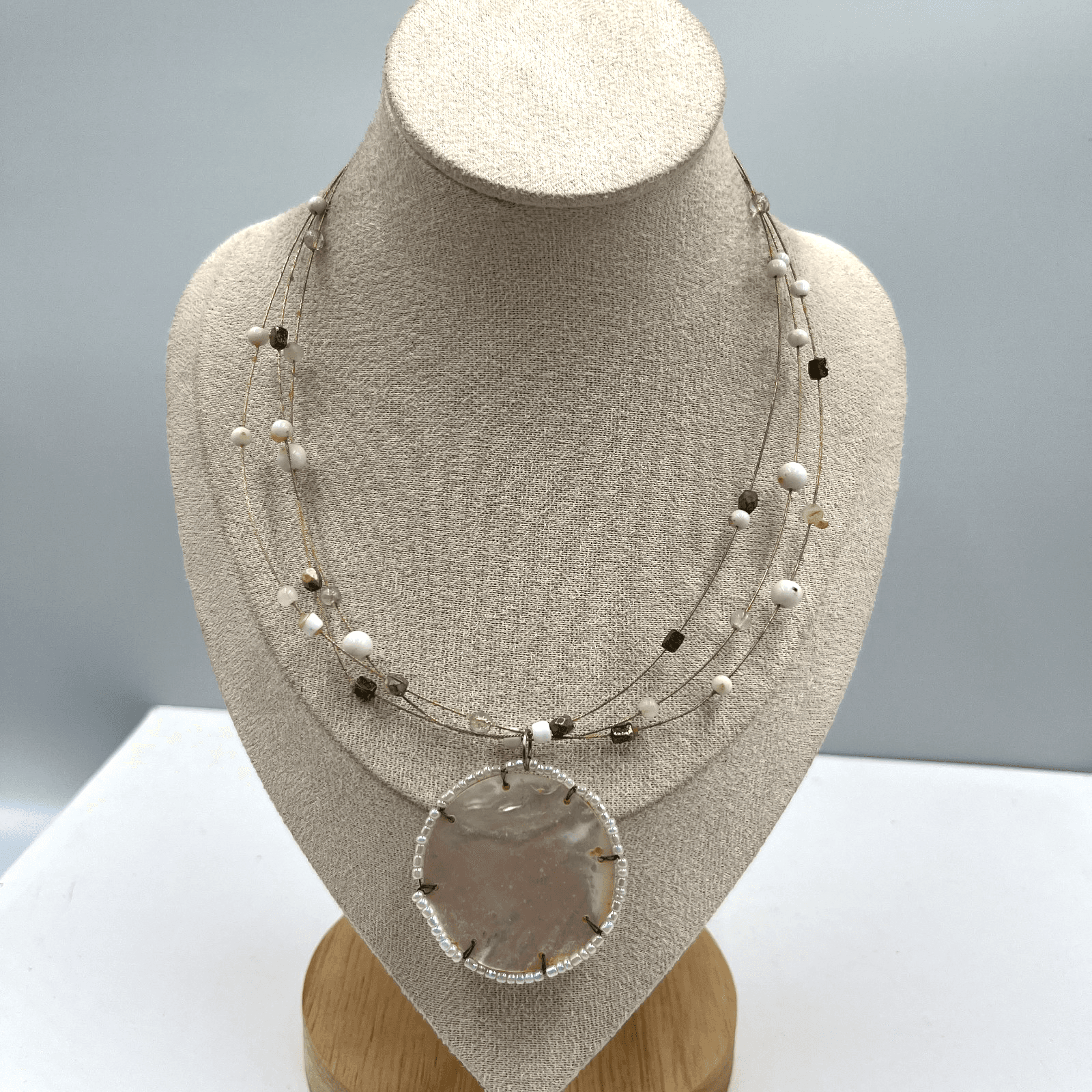 Vintage Mother of Pearl MOP Shell Pendant Necklace Multi Strand Seed Bead Boho