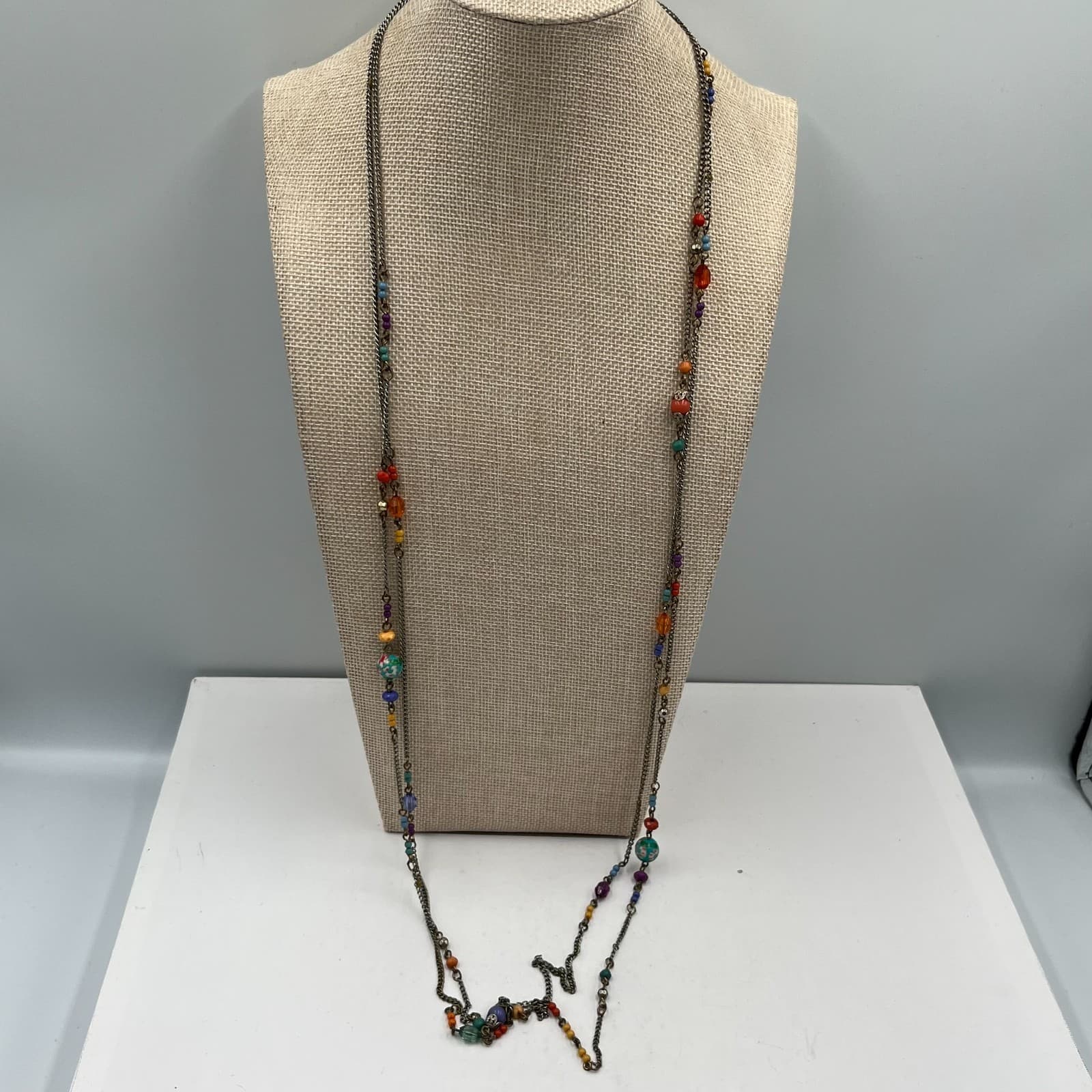 Vintage Multi Strand Necklace Boho Beaded Colorful Glass Cloisonné Flower Silver