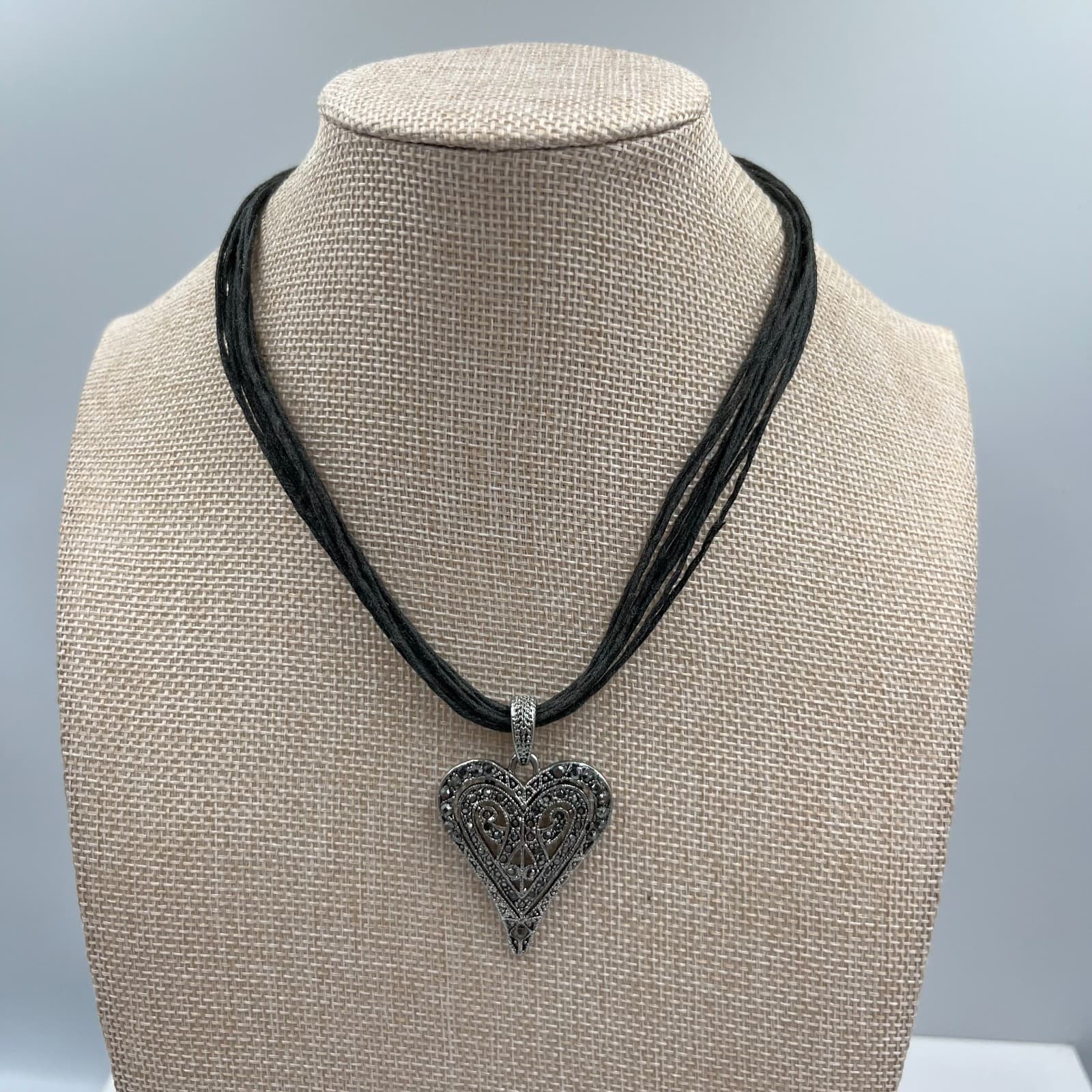 Vintage Marcasite Heart Pendant Necklace Multi Strand Black Cord