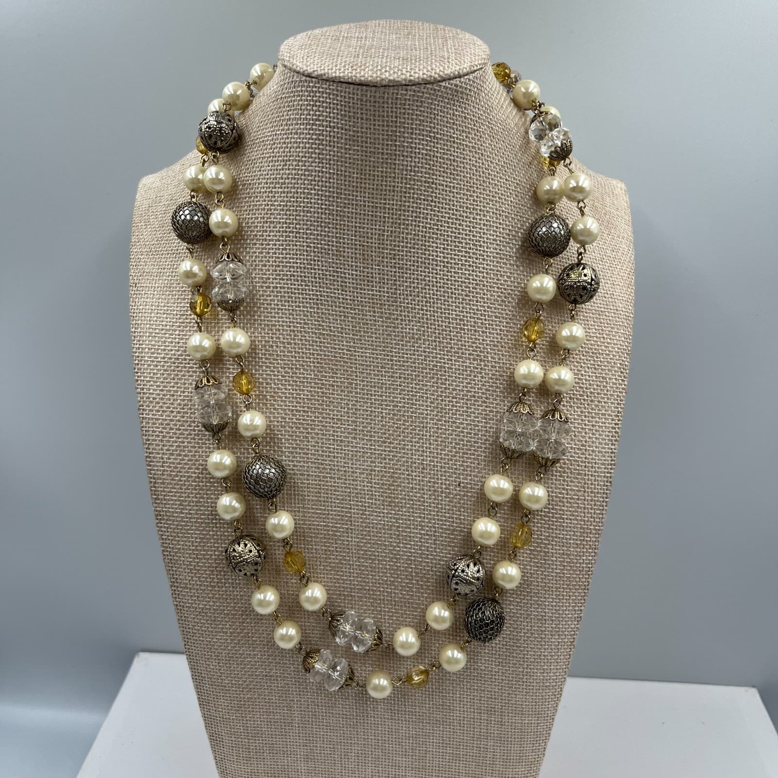 Vintage Silver Tone Faux Pearl & Clear Crystal Station Necklace Long 36" Beaded
