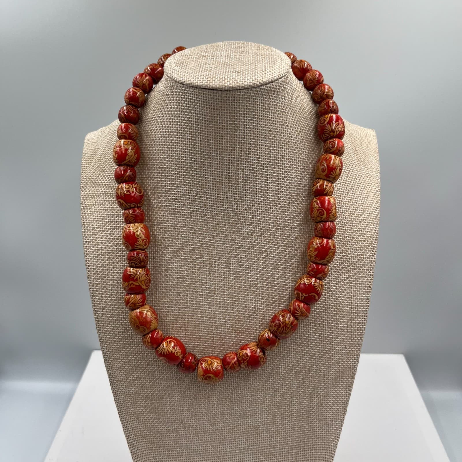 Vintage Red Wooden Bead Necklace Hand Painted Floral Boho Statement Jewelry 24"