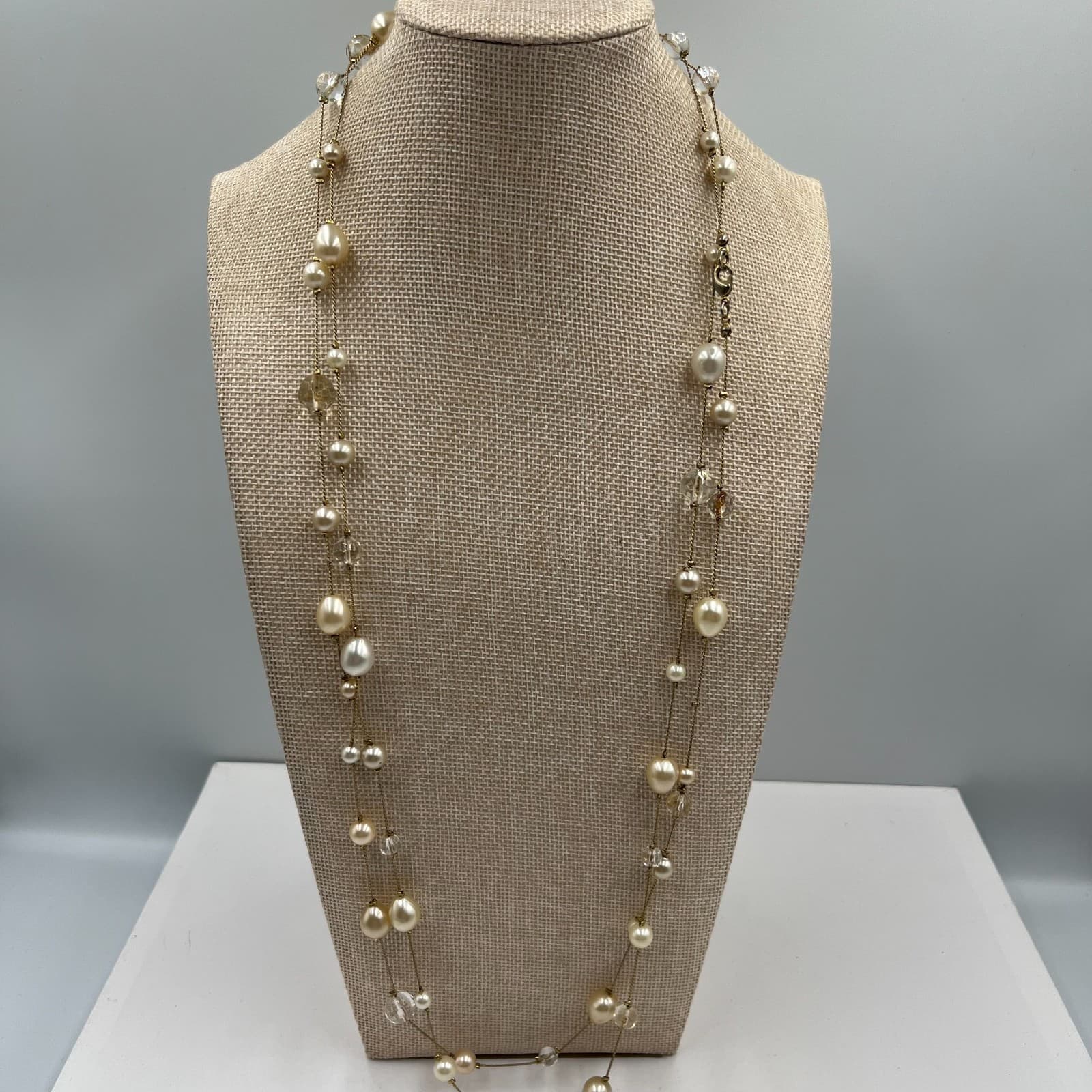 Vintage Pearl & Faceted Glass Bead Station Necklace Long Gold Tone Tin Cup 36"