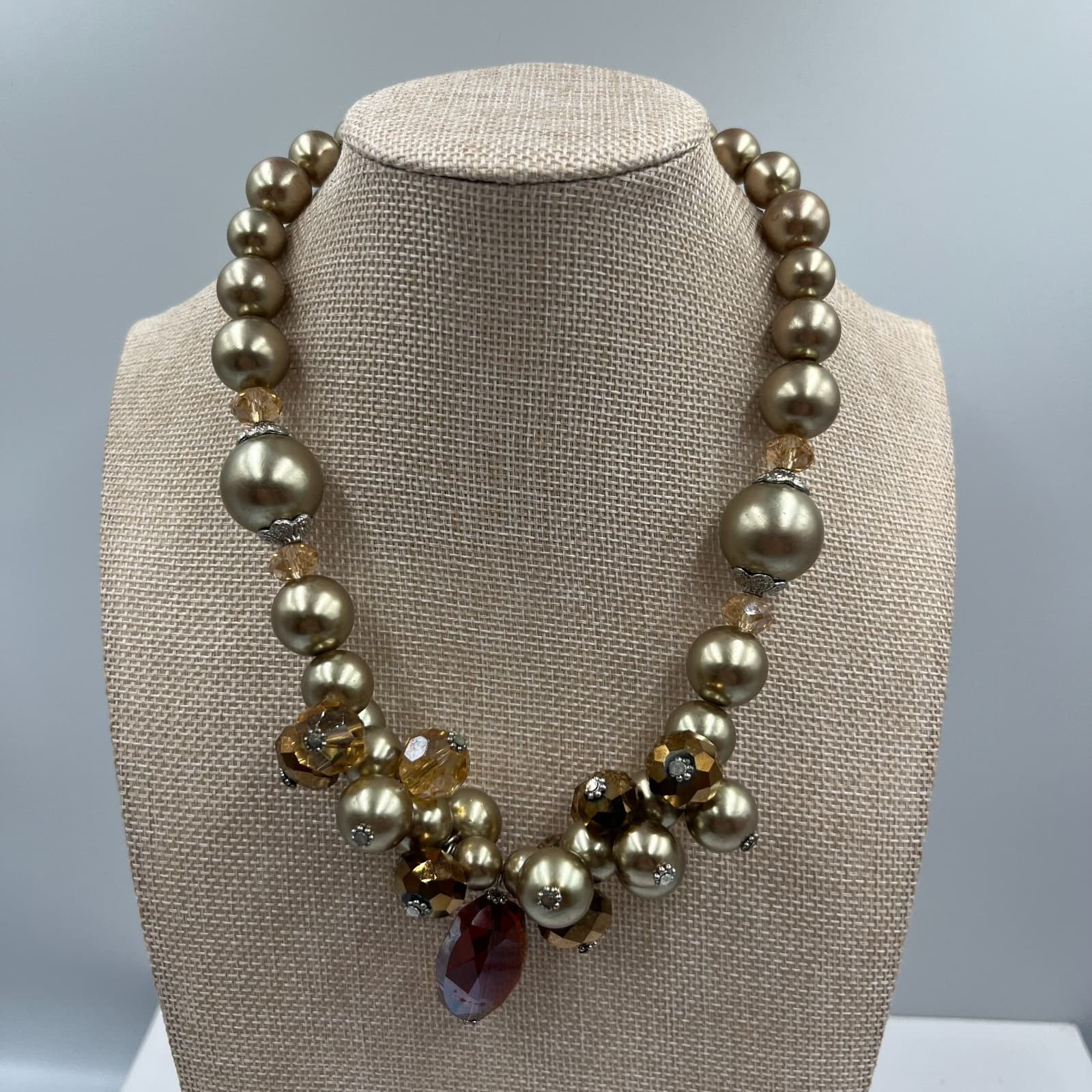 Vintage Faux Pearl & Crystal Statement Necklace Silver Tone Cluster Wedding Bib