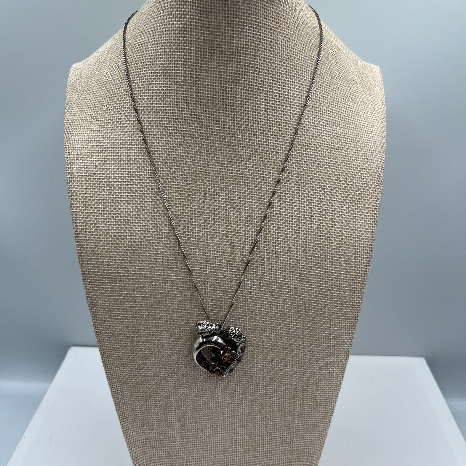 Vintage Silver Tone Amber Rhinestone Heart Pendant Necklace 18" Costume Jewelry