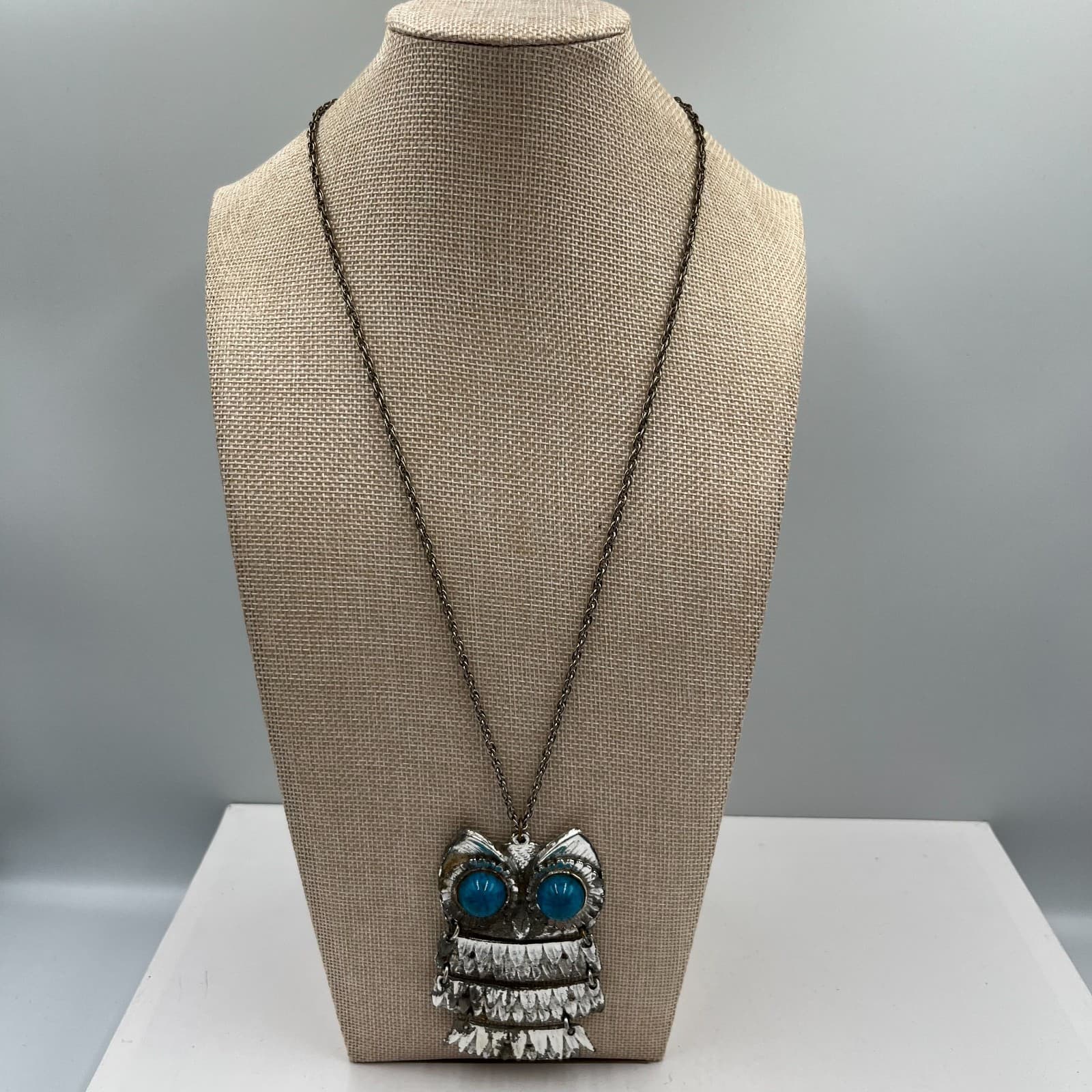 Vintage Articulated Owl Necklace 1970s Silver Tone Faux Turquoise Eyes Boho MCM