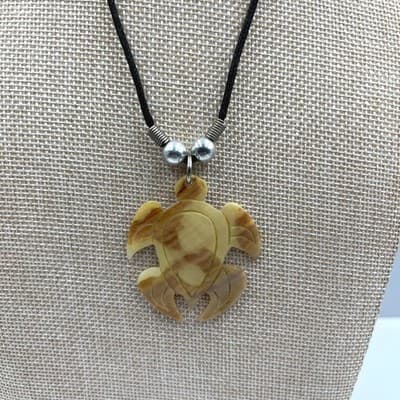 Vintage Carved Turtle Pendant Necklace Faux Shell Cord 20" Beach Boho Tropical