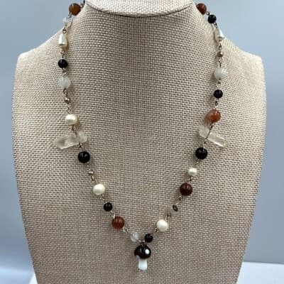 Vintage Beaded Necklace Mushroom Pendant Mixed Stone Glass Pearl Neutral Boho
