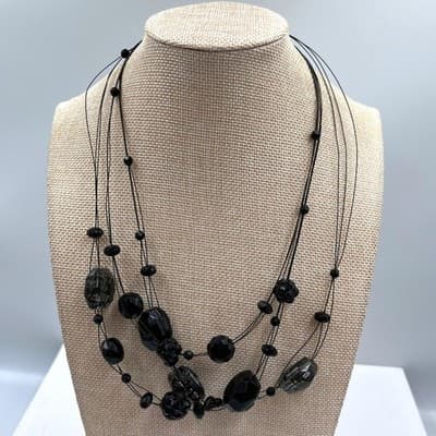 Vintage Black Multi Strand Beads Necklace Faceted Acrylic Statement Layered Boho