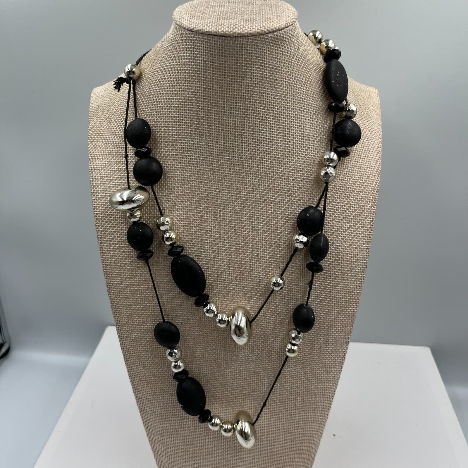 Vintage Black & Silver Tone Beaded Necklace Long Opera Length Flapper Art Deco