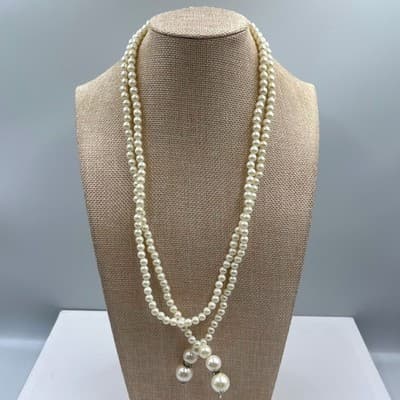 Vintage Long Faux Pearl Double Strand Lariat Necklace White Beaded Tassel Drop