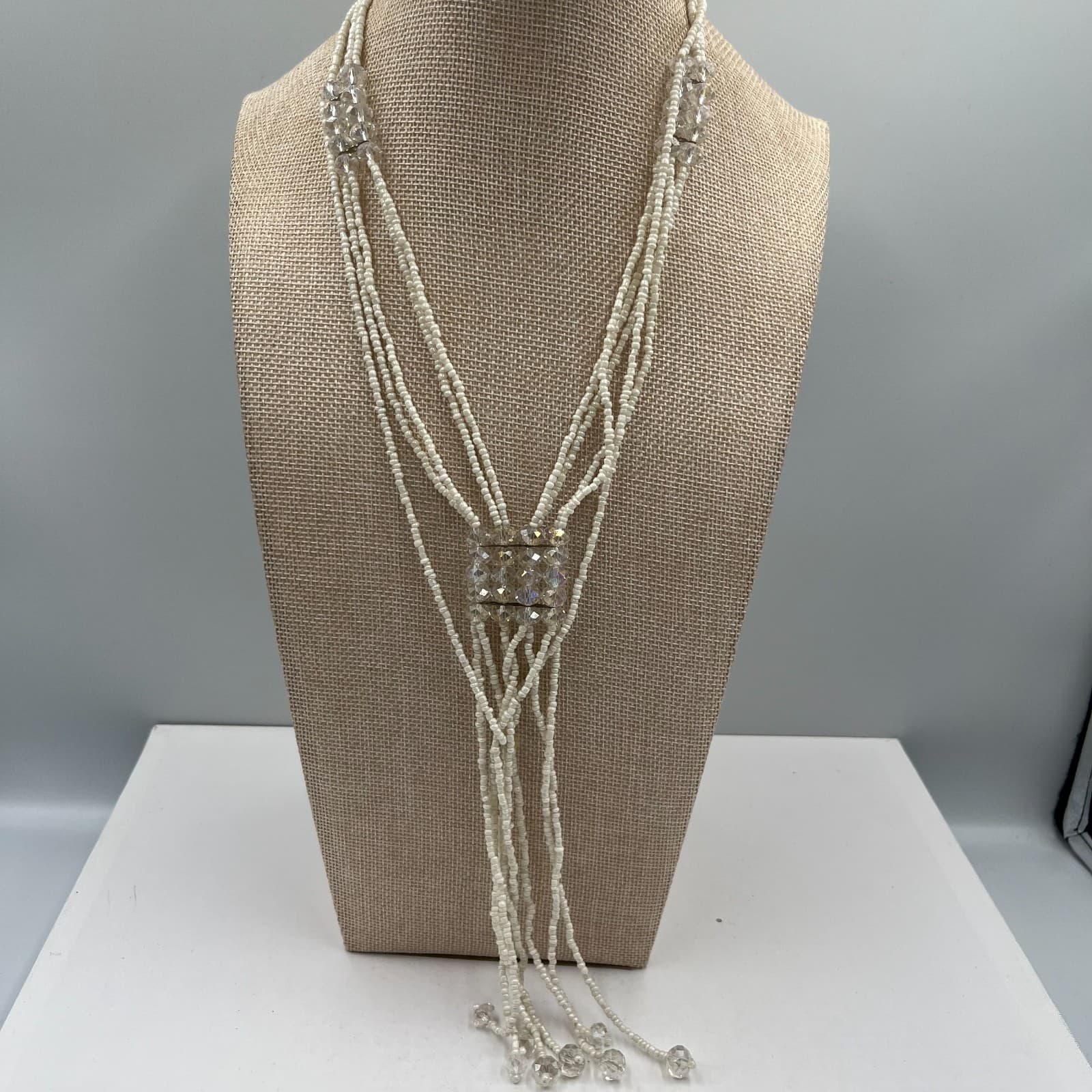 Vintage White Seed Bead Multi Strand Lariat Necklace Crystal Accents Bridal Boho