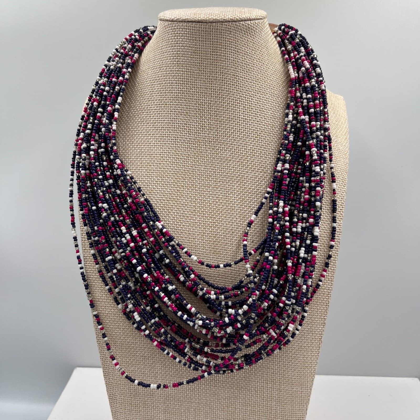 Vintage 80s Seed Bead Torsade Necklace Multi-Strand Rainbow Boho Hippie Layered