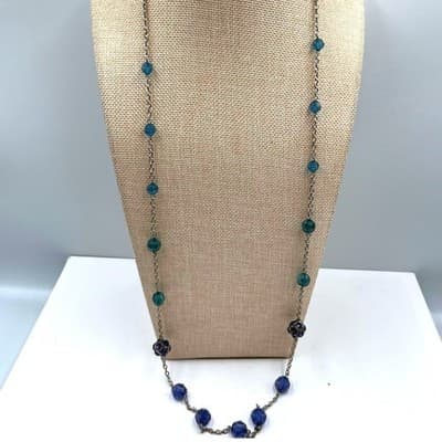 Vintage Blue Green Station Necklace Faceted Glass Beads Silver Tone Chain 18"