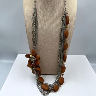 Vintage Brown Silver Tone Multi Strand Chain Necklace Wood Bead Floral Statement