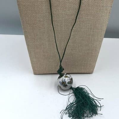 VTG Green Cord Porcelain Bead Necklace Butterfly Painted Ball Tassel Pendant