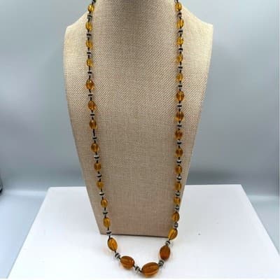 Vintage Amber Tone Faceted Oval Bead Necklace Long Strand Glass Crystal Spacer