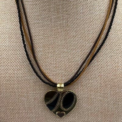 Vintage Multi Strand Cord & Bead Necklace Heart Pendant Black Brown Gold Tone