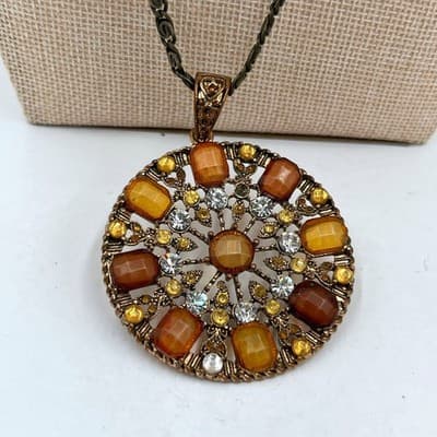 VTG Large Round Pendant Necklace Amber Tone Rhinestone Filigree Antique Style