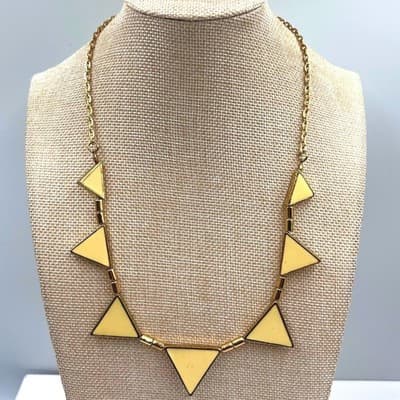 VTG Cream Leather Inlay Triangle Charm Necklace Gold Tone Chain Statement Bib