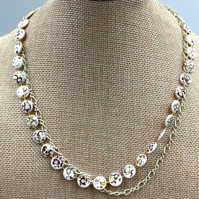 Vintage White Cloisonné Confetti Disc Beads Necklace Double Strand Chain Layered