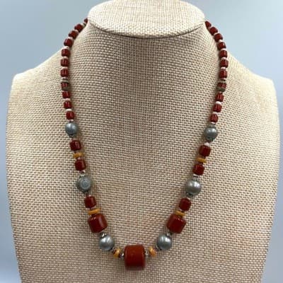 Vintage Rust Red Beaded Necklace Silver Tone Accents Large Center Bead Boho