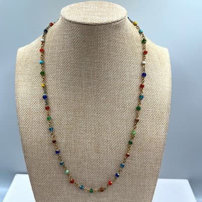 Vintage Multicolor Glass Bead Chain Station Necklace Gold Tone 22" Minimalist