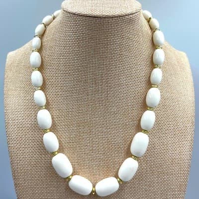 Vintage White Oval Bead Necklace Gold Tone Spacers Classic Minimalist Strand